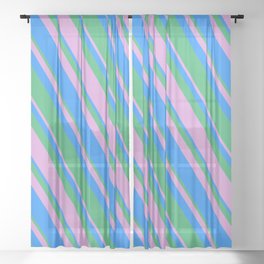 [ Thumbnail: Blue, Sea Green, and Plum Colored Pattern of Stripes Sheer Curtain ]