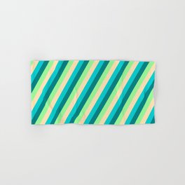[ Thumbnail: Teal, Green, Beige, and Dark Turquoise Colored Striped/Lined Pattern Hand & Bath Towel ]