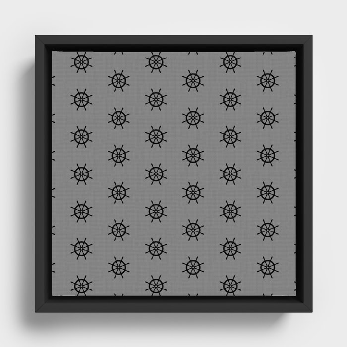 Black Ship Steering Wheel Pattern on Grey Background Framed Canvas