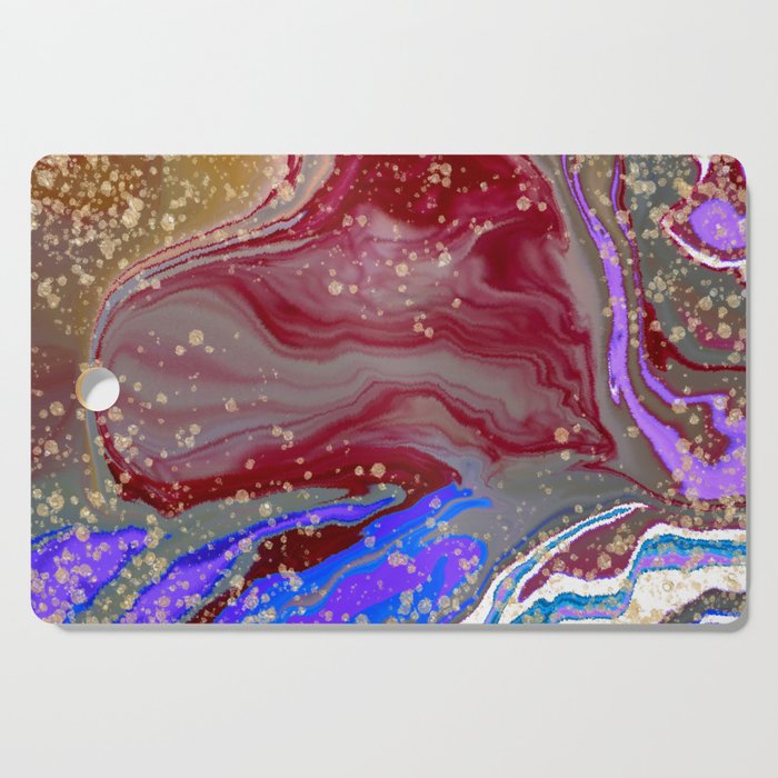 Blue and red yellow marble stone. Alcohol ink fluid abstract texture fluid art with gold glitter and liquid Cutting Board