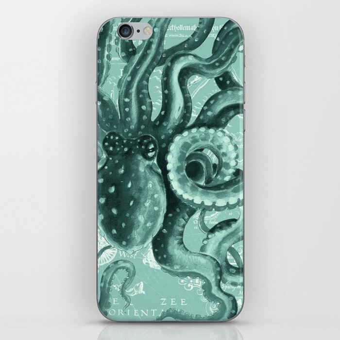 Octopus Green Monochrome Vintage Map Watercolor Nautical iPhone Skin