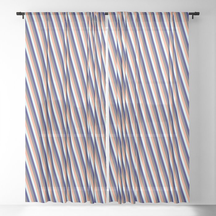 Dim Gray, Light Salmon, Light Cyan & Midnight Blue Colored Stripes Pattern Sheer Curtain