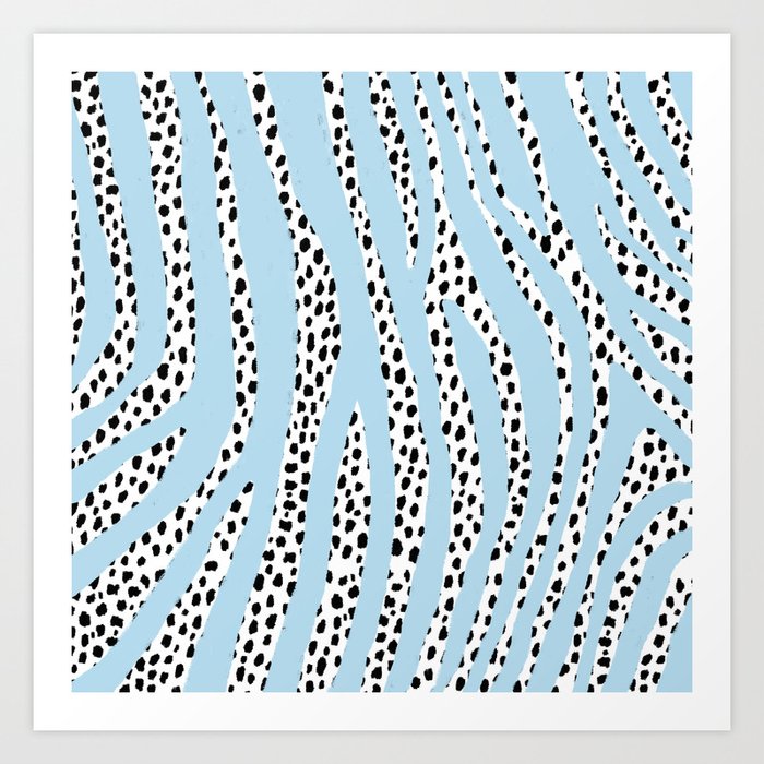 Dalmatian Polka Dot Spots and Zebra Stripes (black/white/blue) Art Print
