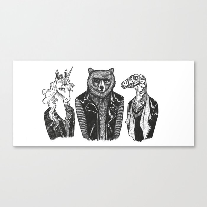 Leather Jacket Unicorn-Bear-Dino-Gang Canvas Print