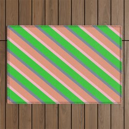 [ Thumbnail: Light Slate Gray, Dark Salmon, Pink, and Lime Green Colored Lined Pattern Outdoor Rug ]