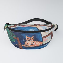 Ginger Cat on Blue Mid Century Chair Painting Fanny Pack