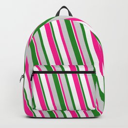 [ Thumbnail: Forest Green, Light Grey, Deep Pink & White Colored Pattern of Stripes Backpack ]