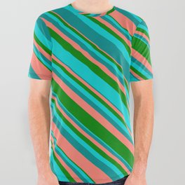 [ Thumbnail: Salmon, Green, Dark Turquoise, and Dark Cyan Colored Lines Pattern All Over Graphic Tee ]