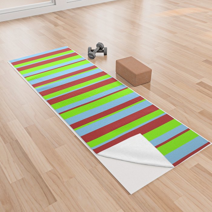 Red, Light Sky Blue, and Chartreuse Colored Lined/Striped Pattern Yoga Towel