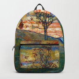 Four Trees with Red Leaves at Sunrise landscape painting by Egon Schiele Backpack | Sunset, Painting, Blueridge, Leaves, Newengland, Maine, Autumn, Switzerland, Foliage, Vermont 