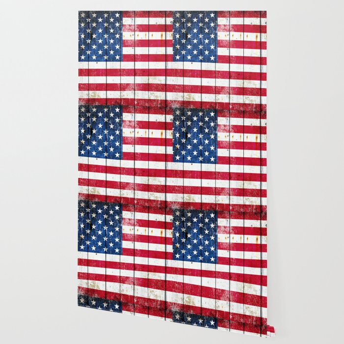Distressed American Flag On Wood Planks Horizontal Wallpaper By