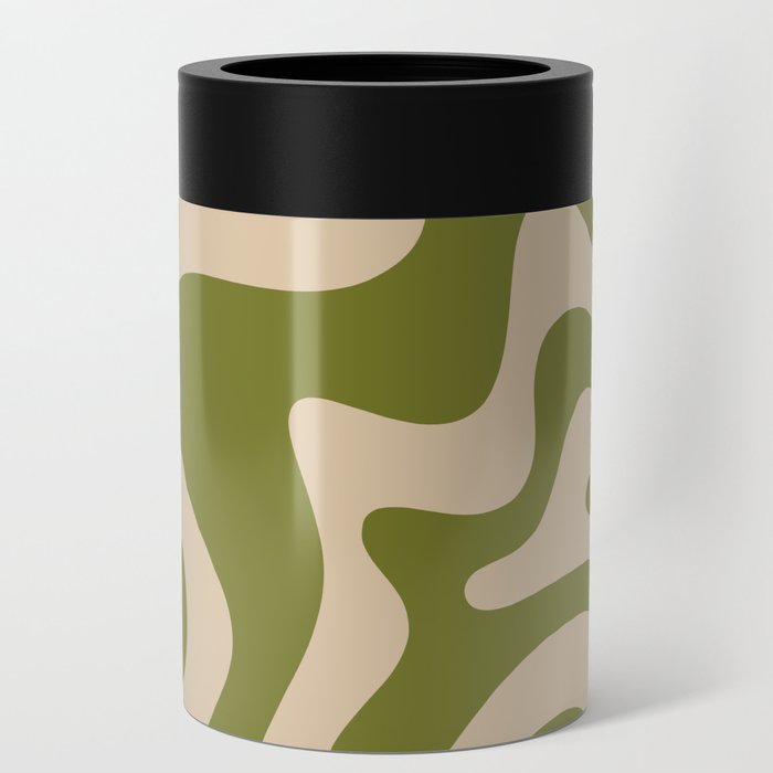 Retro Liquid Swirl Abstract Pattern in Mid Mod Olive Green and Beige Can Cooler