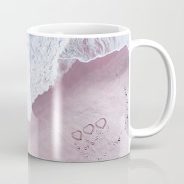 Aerial Pink Beach Print - Dark Blue Ocean - Hearts on Sand - Crashing Waves - Sea Travel photography Coffee Mug