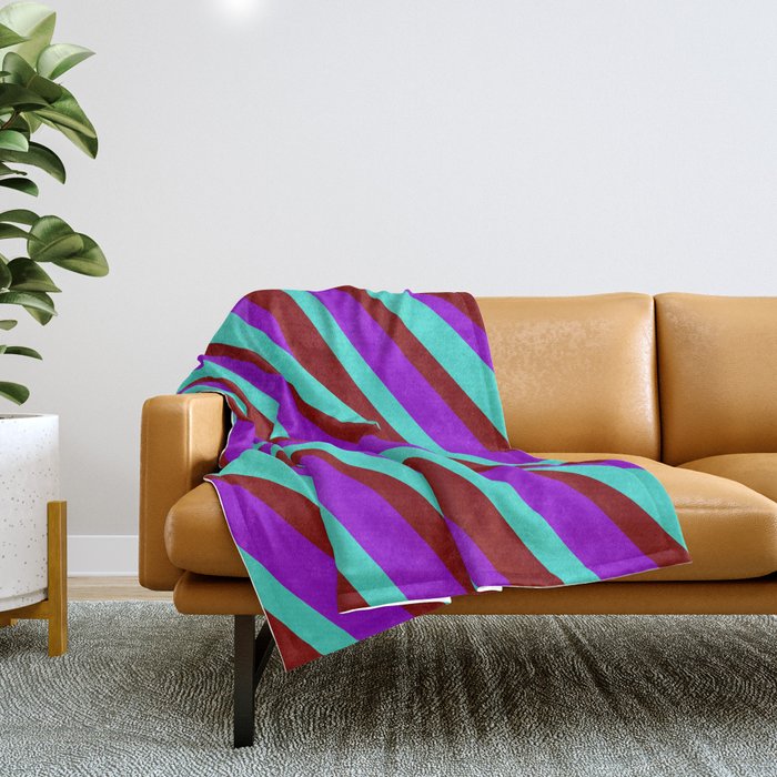 Dark Violet, Turquoise & Maroon Colored Lines/Stripes Pattern Throw Blanket