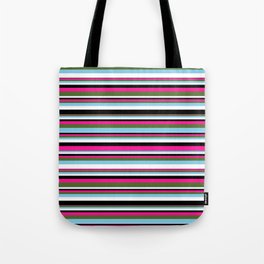 [ Thumbnail: Vibrant Deep Pink, Dark Olive Green, Sky Blue, White, and Black Colored Lined/Striped Pattern Tote Bag ]