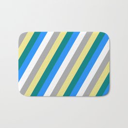 [ Thumbnail: Eye-catching Tan, Teal, Blue, White & Dark Gray Colored Striped/Lined Pattern Bath Mat ]