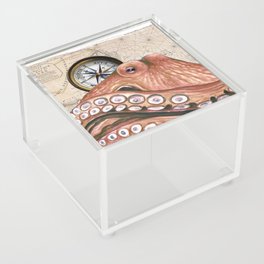 Red Octopus Compass Vintage Map Nautical Beige Beach Chic Acrylic Box