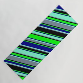 [ Thumbnail: Colorful Black, Lime, Dark Blue, Aquamarine, and Light Slate Gray Colored Lined Pattern Yoga Mat ]