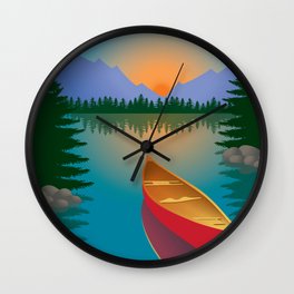 Canoe in a Mountain Lake Pine Tree Forest Wall Clock