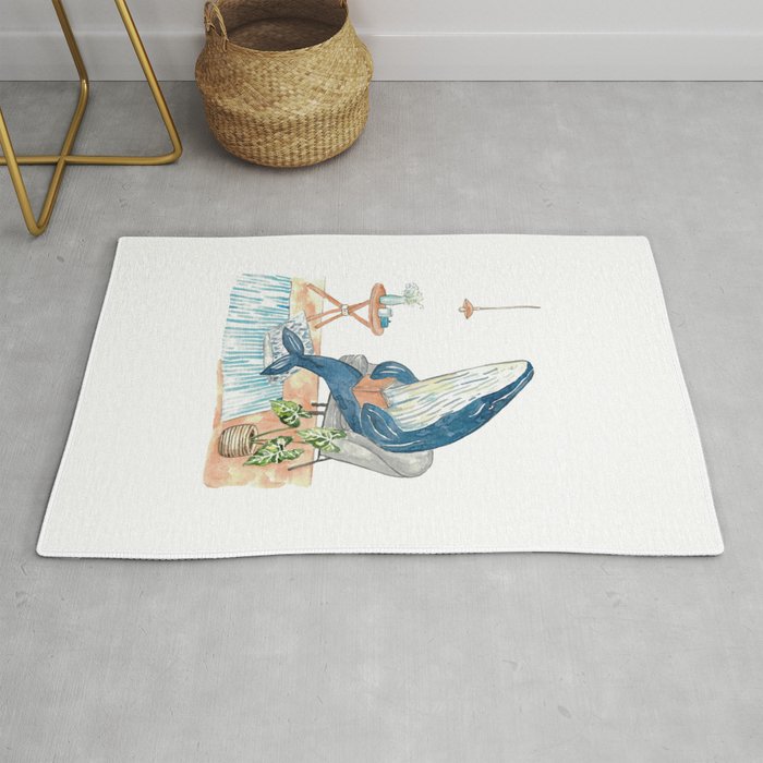 Humpback whale reading book watercolor painting Rug
