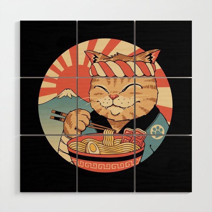 Cat Samurai Ramen Wood Wall Art