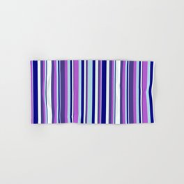 [ Thumbnail: Colorful Blue, Powder Blue, Orchid, Dark Slate Blue & Mint Cream Colored Lined/Striped Pattern Hand & Bath Towel ]