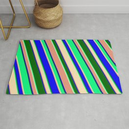 [ Thumbnail: Green, Beige, Dark Salmon, Blue & Dark Green Colored Striped/Lined Pattern Rug ]