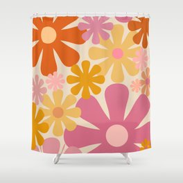Retro 60s 70s Flowers Thulian Pink Orange Cream Pattern Shower Curtain