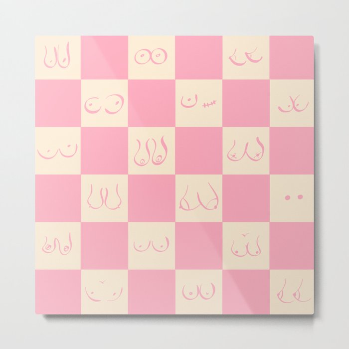 Retro Pink Gingham Boobs Drawing Metal Print