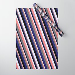 [ Thumbnail: Eye-catching Lavender, Light Coral, Dim Gray, Midnight Blue & Black Colored Striped/Lined Pattern Wrapping Paper ]