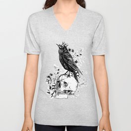 Black raven with skull and crow, skeleton eucaliptus leaves, black and white V Neck T Shirt