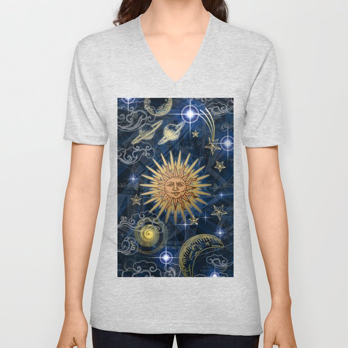 Cosmic Sun Space Pattern V Neck T Shirt