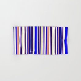 [ Thumbnail: Pale Goldenrod, White, Blue, Dark Salmon, and Dark Blue Colored Pattern of Stripes Hand & Bath Towel ]