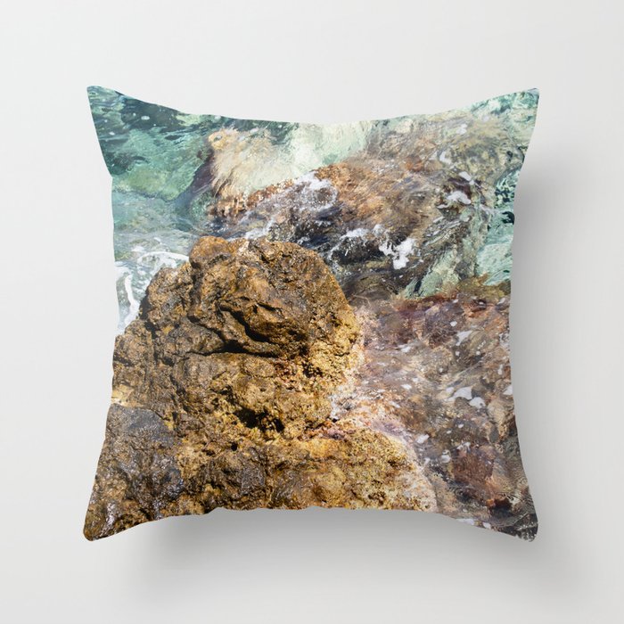 Yellow Volvanioc Rock And Deep Blue Sea Photography Throw Pillow