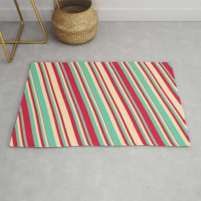 Aquamarine, Crimson, and Beige Colored Striped/Lined Pattern Rug