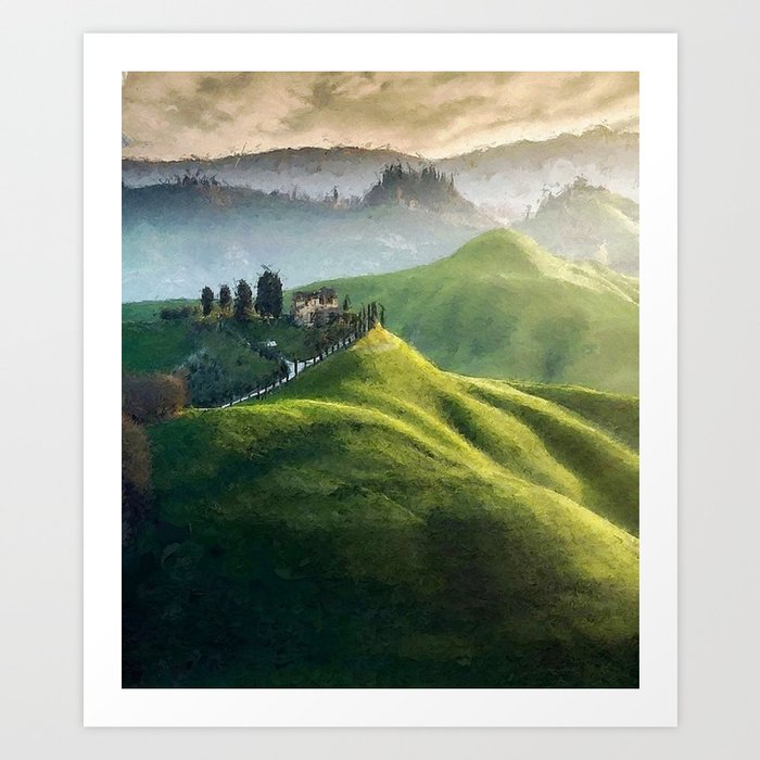 Rolling Green Hills and Wine Vineyards of Tuscany, Italy landscape painting Art Print