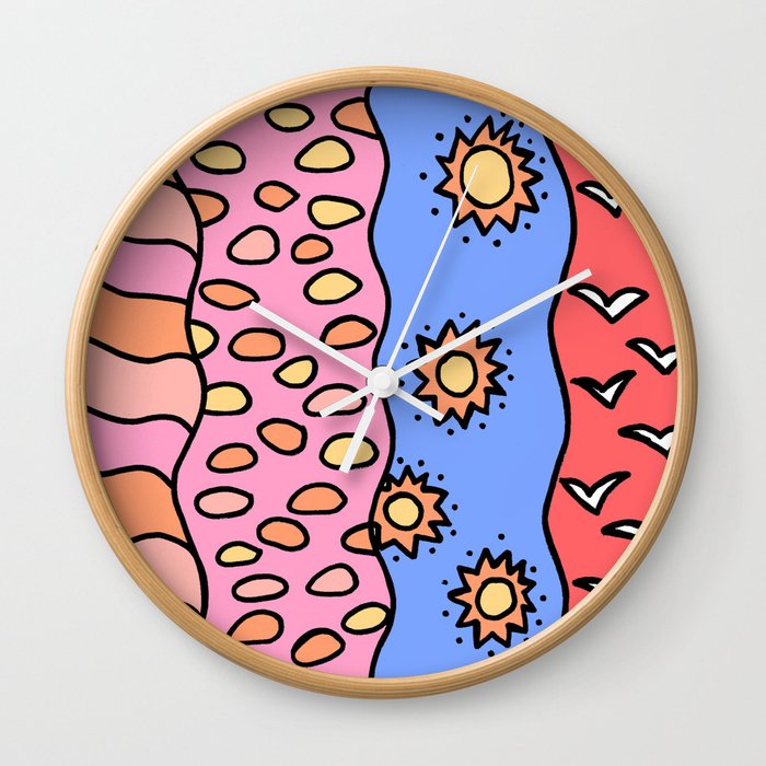 Doodle Art Drawing Seagulls Rocks And Waves Coral Blue Pink 2 Wall Clock By Desertsart