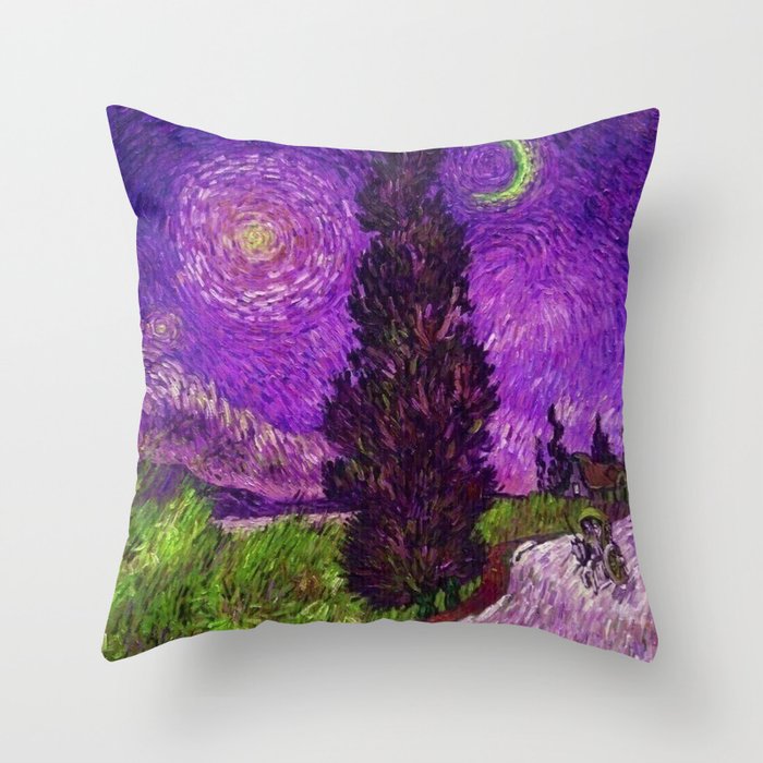 Road with Cypress and Star; Country Road in Provence by Night, oil-on-canvas post-impressionist landscape painting by Vincent van Gogh in alternate purple twilight sky Throw Pillow