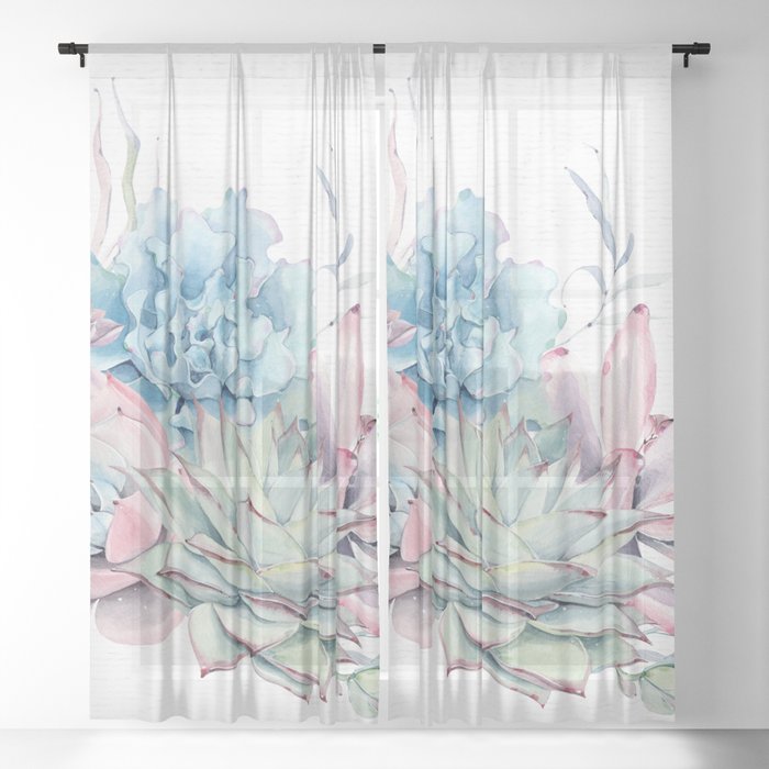 Succulents Pink Blue Green by Nature Magick Sheer Curtain