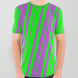 [ Thumbnail: Lime & Orchid Colored Lines Pattern All Over Graphic Tee ]
