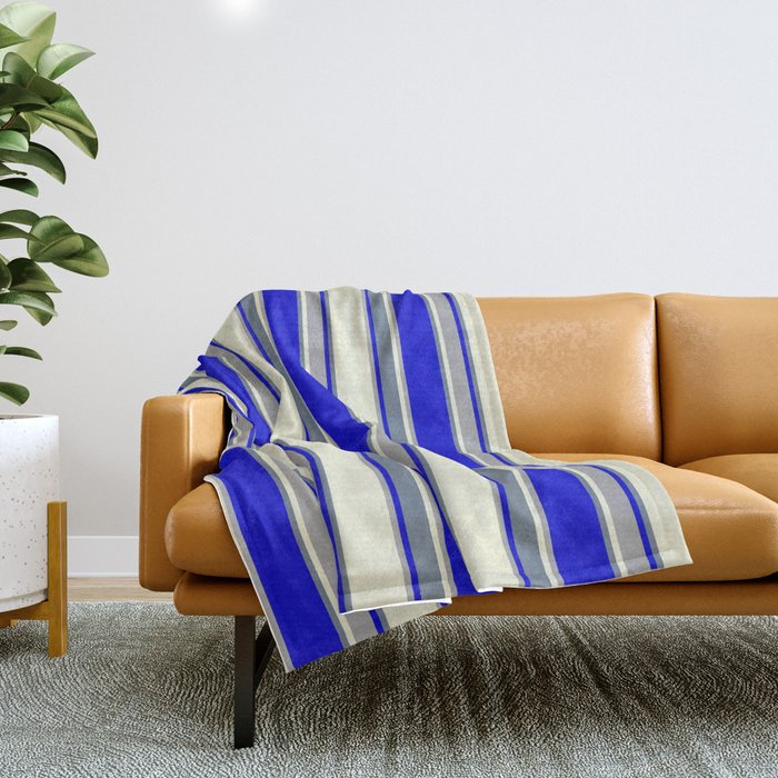 Beige, Dark Grey, Blue, and Slate Gray Colored Pattern of Stripes Throw Blanket