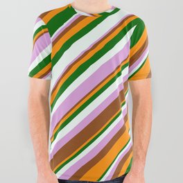 [ Thumbnail: Eyecatching Plum, Brown, Dark Orange, Dark Green & Mint Cream Colored Lined/Striped Pattern All Over Graphic Tee ]