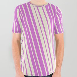 [ Thumbnail: Orchid & Beige Colored Lined/Striped Pattern All Over Graphic Tee ]