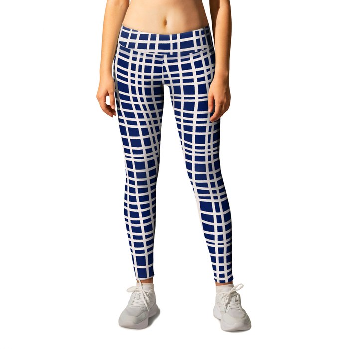 Hand-Drawn Checkered Lines on Navy Blue Leggings