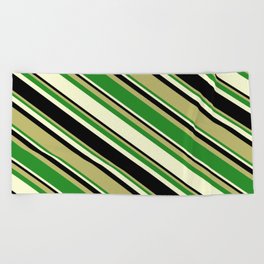 [ Thumbnail: Dark Khaki, Forest Green, Light Yellow, and Black Colored Pattern of Stripes Beach Towel ]