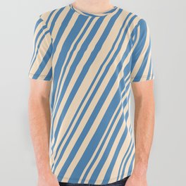 [ Thumbnail: Bisque & Blue Colored Stripes/Lines Pattern All Over Graphic Tee ]