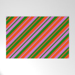 [ Thumbnail: Orchid, Green & Red Colored Stripes/Lines Pattern Welcome Mat ]