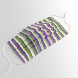 [ Thumbnail: Colorful Light Yellow, Dark Slate Gray, Dark Orchid, Green, and Grey Colored Striped Pattern Face Mask ]