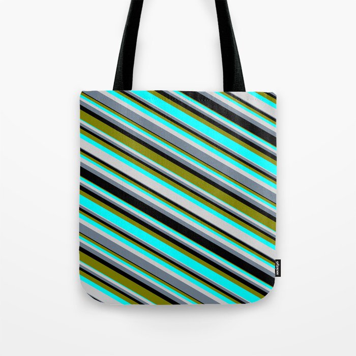 Colorful Black, Green, Aqua, Light Gray, and Slate Gray Colored Stripes/Lines Pattern Tote Bag