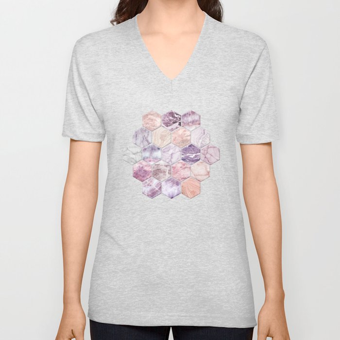 Rose Quartz and Amethyst Stone and Marble Hexagon Tiles V Neck T Shirt